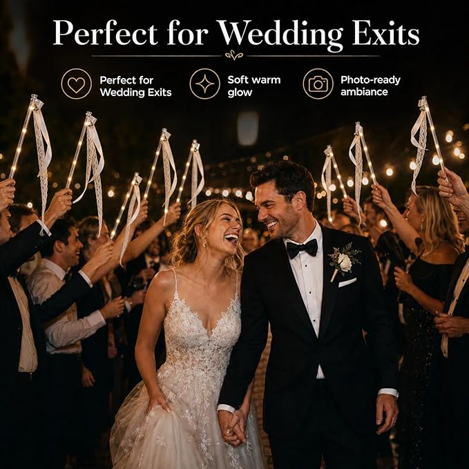 120 PCS Light Up Wands for Wedding, Warm White LED Wedding Send Off with Ribbons and Bells, 3 Light Modes Fairy Ribbon Wands, Reception Props for Ceremony Exit, Party Favor