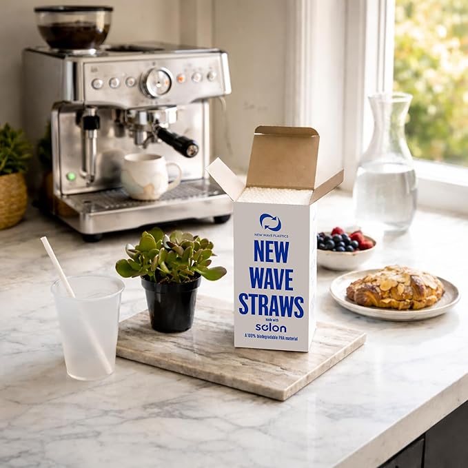 Biodegradable New Wave Straws, PHA, 250 Count, Free of Microplastics and Toxins, Won’t Get Soggy, for Hot & Cold Drinks, Home Compostable, Unwrapped, 7.75"