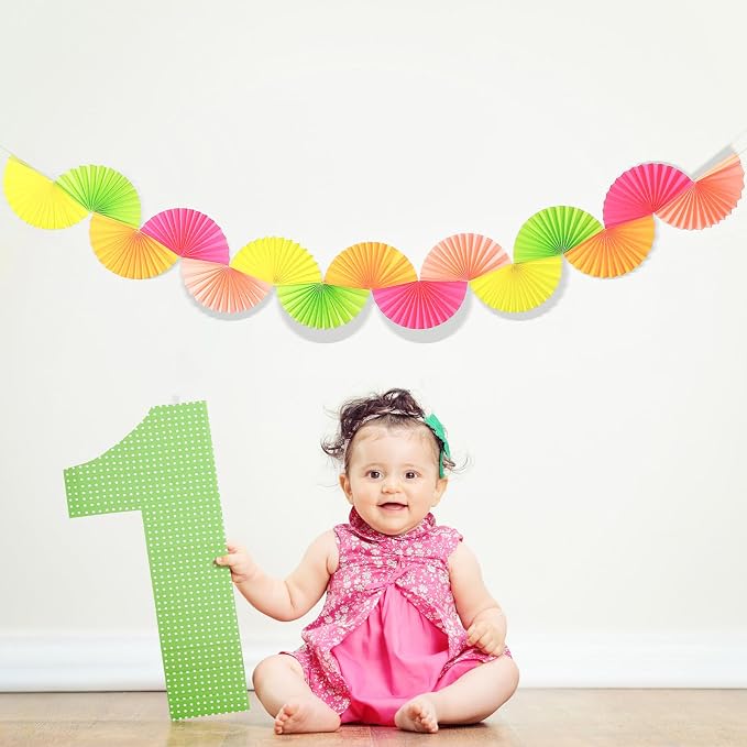 3 Pack Neon Paper Fans Garland 15.6ft Colorful Background Ceiling Hanging Decorations Paper Garland Decorations Set for Birthday Neon Party Supplies 3D Bachelorette Party Decoration(Bright)