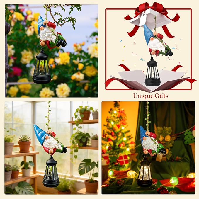 Solar Hanging Gnome Garden Statues Climbing Rope Gnome with LED Lantern Summer Outdoor Decor Tree Hugger Yard Porch Wall Fence Decoration Mother's Day Birthday Gifts for Mom Women