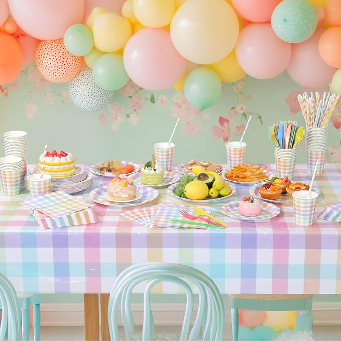 Funnymoom 452 Pcs Pastel Easter Party Decoration for 50, Spring Easter Paper Plates Napkins Cups Tablecloth Cutlery Straws Rainbow Pastel Gingham Plaid Tableware for Spring Birthday Party Supplies