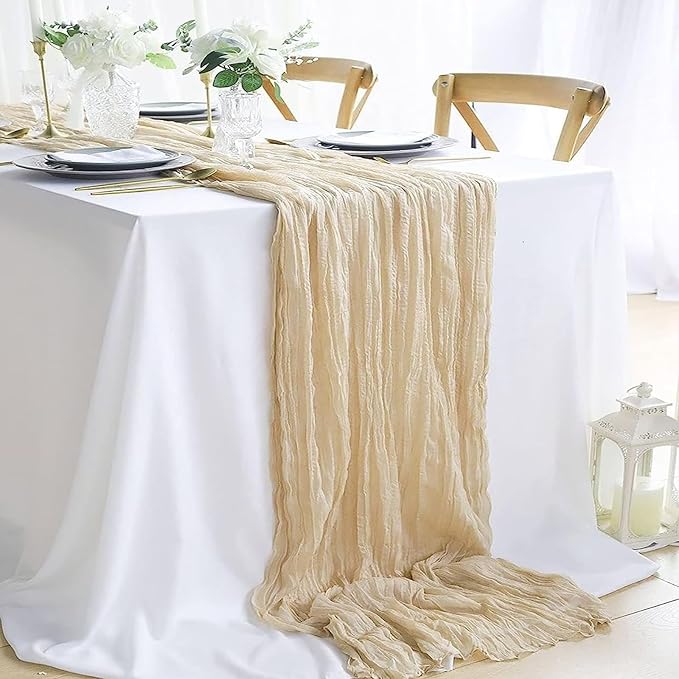 10 Pack Beige Cheesecloth Table Runner 10FT Boho Gauze Fabric Cheese Cloth Table Runners for Wedding ,Party,Baby Shower, Bridal Party, Rustic Farmhouse and Table Decorations