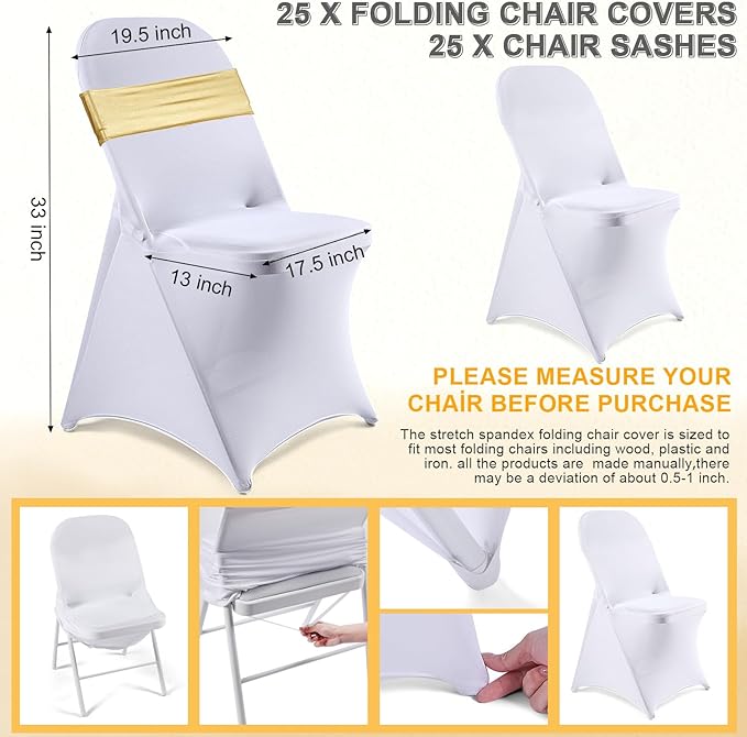 Preboun 50 Pack White Folding Chair Cover Set with 25 Spandex Chair Slipcovers 25 Sequin Chair Sashes Bow Washable Chair Protector Chair Cover for Party Wedding Banquet Event(White, Gold)