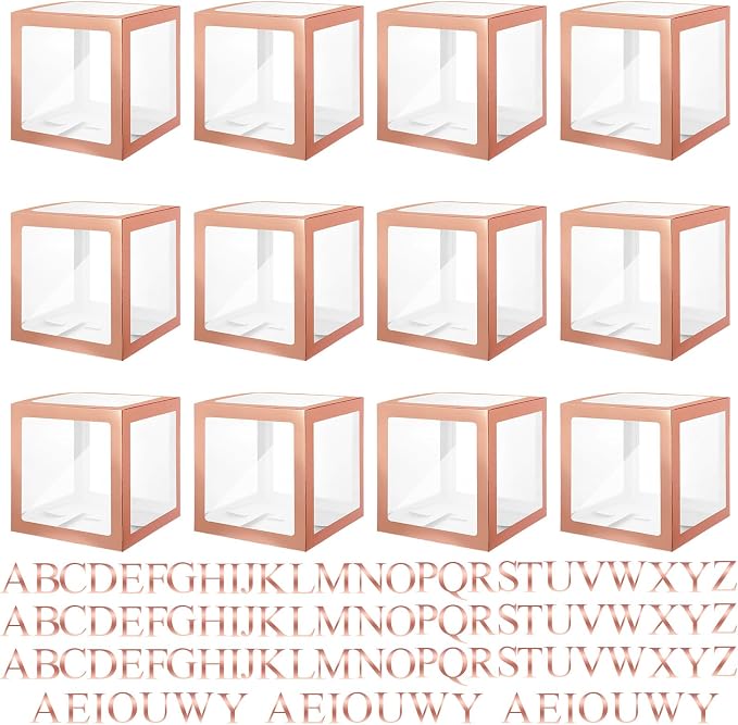 Thyle 12 Pcs Transparent Balloon Boxes Clear Balloon Boxes with 99 Letters for Baby Shower Gender Reveal Grad Birthday Party Bridal Wedding Anniversary Backdrop Decoration (Rose Gold)