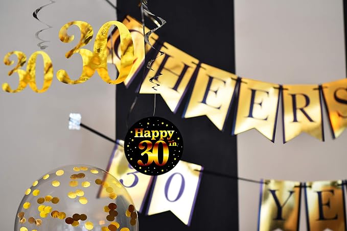 30th Birthday and Anniversary Decorations Party Pack - Pre-Strung Banner, Balloons, Swirls - 30th Birthday Decorations for Him or Her - Party Supplies and Gifts
