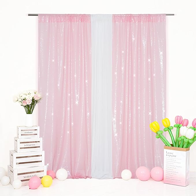 Eternal Beauty Sequin Backdrop Curtains, 2x8 Ft-2 Panels Pink Back Drop for Mother's Day Shimmer Photography Party Wedding Birthday Decor