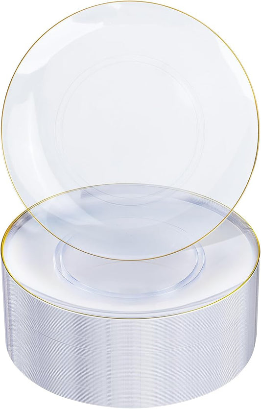 Nervure 100 Pieces Clear and Gold Plastic Plates - 10.25inch Gold Dinner Plate - Heavyweight Clear Disposable Plates Ideal for Party & Wedding
