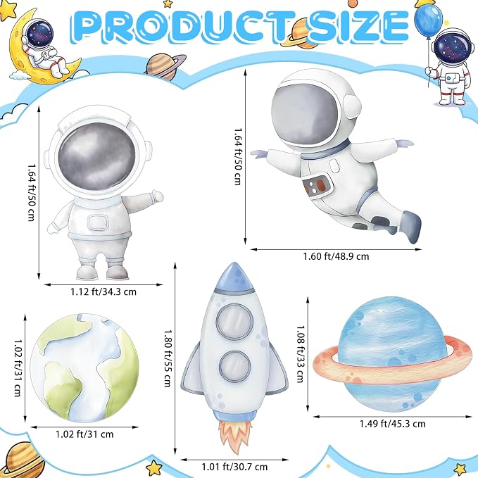 5 Pcs Outer Space Baby Shower Decorations, Astronaut Rocket Planet Earth Cardboard Cutouts Standups, Space Themed Photo Booth Props Signs for Kids Birthday Party Outdoor Yard Lawn Decor