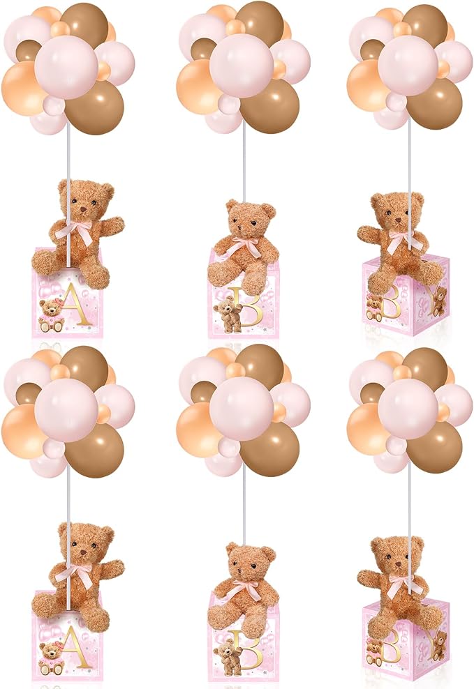 Lenwen 6 Sets Baby Letter Boxes Decorations Table Centerpieces for Baby Shower Gender Reveal,Bear Stuffed Animals Balloon with Stand Plush Toy Boxes for Birthday Party Wedding(Bear,Pink)