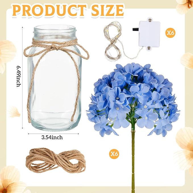 6 Sets Mason Jar with Lights Blue Hydrangea Decorative Blue Centerpieces for Tables Mason Jars Flowers Decorations LED Farmhouse Vase for Home Wedding Event Party Decor