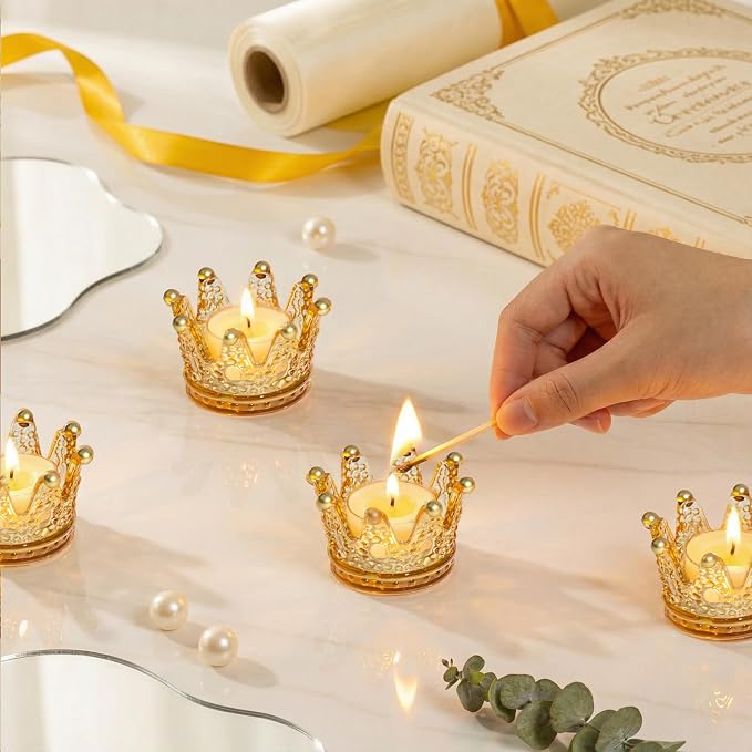 Rubtlamp Amber Crown Candle Holders Set of 6 with Gold Tips, Gold Glass Votive Candle Holders, Tealight Candle Holder for Table Centerpieces, Home, Bridal Shower, Birthday