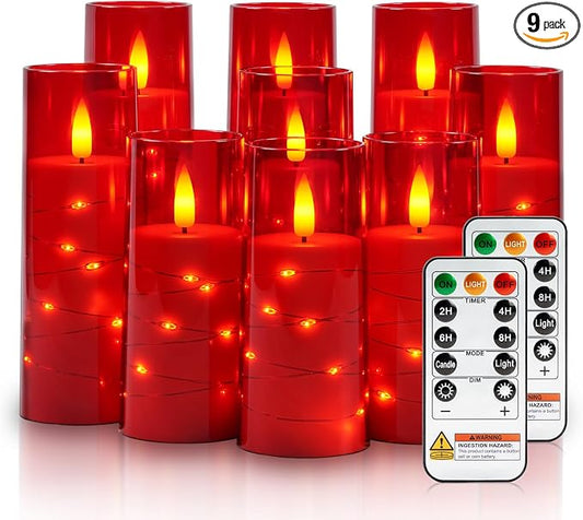 Raycare Independence Day Flameless Candle with Remote Timer – 9 Flickering Acrylic Battery Operated LED Pillar Candles with Embedded Star String for 4th of July Home Patriotic Decor, as a Gift (Red)