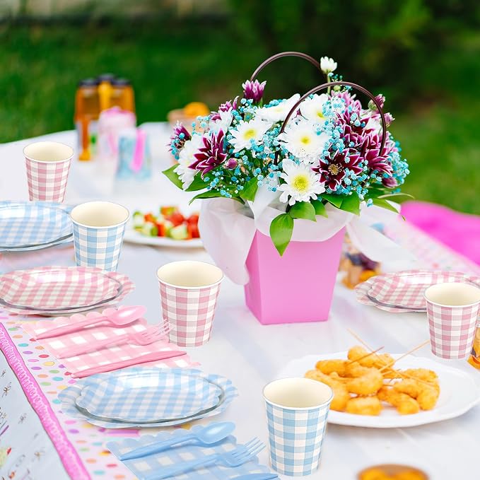 Funnymoom 400 Pcs Gingham Party Supplies for 50 Guests Pink and Blue Paper Plates and Napkins Set Knives Spoons Forks Cups Disposable Dinner Party Cutlery for Gender Reveal Baby Shower Birthday