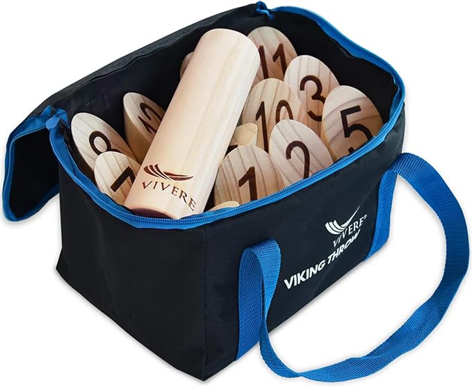 Vivere Viking Throw Tournament Edition, Outdoor Bowling Game Set for Kids & Adults with 12 Pins, Baton & Carry Bag for Backyard, Beach & Lawn Play