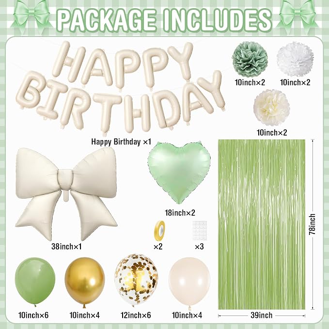 Sage Green Bow Birthday Decorations, Happy Birthday Balloon Banner with Bow and Heart Foil Balloons Fringe Curtain Tissue Paper Pompoms Garland Party Supplies for Women Girls Boys