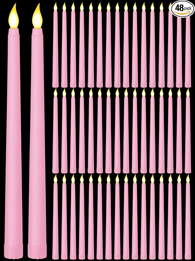 Funtery 48 Pcs Flameless LED Taper Candles Battery Operated Candles Bulk Realistic LED Candlesticks Flickering for Wedding Church Party Home Decor(Pink,11 Inch,Classic Style)