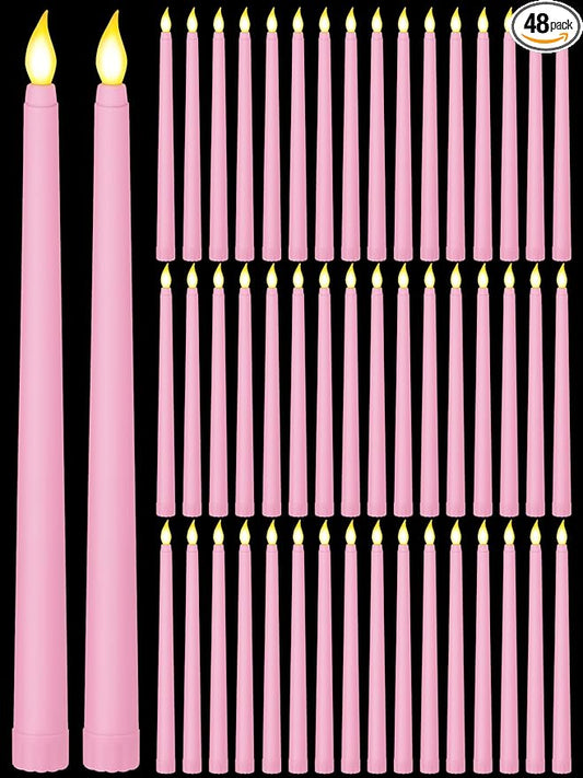Funtery 48 Pcs Flameless LED Taper Candles Battery Operated Candles Bulk Realistic LED Candlesticks Flickering for Wedding Church Party Home Decor(Pink,11 Inch,Classic Style)
