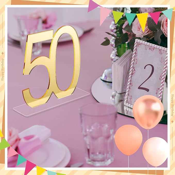 Threehoney 12 Pcs Mirror Gold 50th Birthday Decorations for Men and Women Acrylic Anniversary Decorations Table Numbers Centerpieces for Birthday Party
