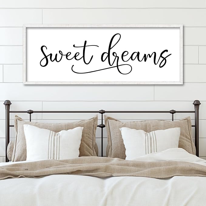 YWJKWLGS Sweet Dreams Wall Decor Signs Above Bed Bedroom Wall Art Over Bed | 40x15 Inch Farmhouse Handwritten Art Large Rustic White Wood Framed Master Guest Room Kids Room Wall Hanging