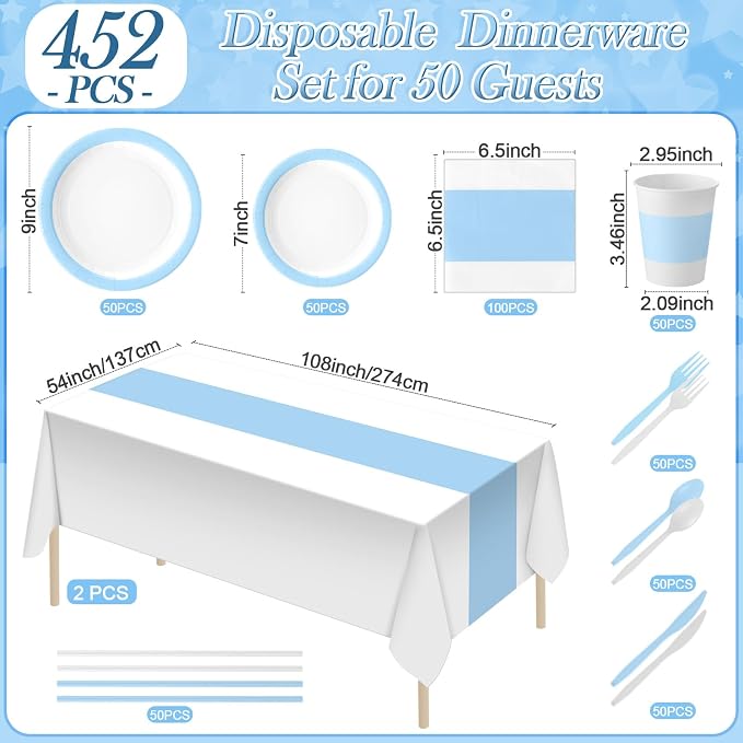 Funnymoom 452 Pcs Light Blue and White Party Supplies Serves 50 Guest, Baby Blue Paper Plates Cups Napkins Tablecloth Cutlery Straw Tableware Set for Baby Shower Birthday Wedding Party Decoration