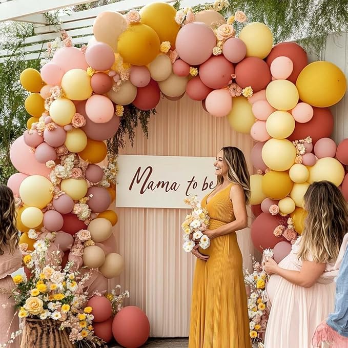 Dusty Pink Yellow Balloon Arch Kit Double Stuffed, Mauve Pink Mustard Light Yellow White Sand Balloon Garland for Baby Shower Birthday Bee Groovy Boho Rainbow Sunshine Party Decoration