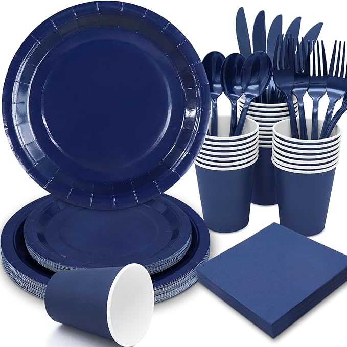 350Pcs Navy Blue Party Supplies for Navy Blue Party Decorations includes Paper Plates and Napkins Cups Utensils,Blue Disposable Plates Set for Boy Baptism Birthday Graduation Serve 50 Guests