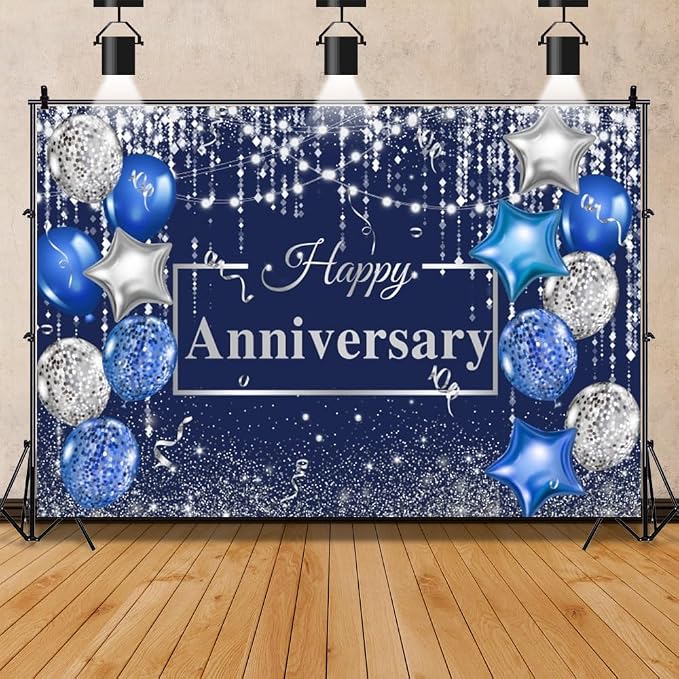 Happy Anniversary Backdrop 7x5ft Navy Silver Glitter Diamond Background for Wedding Anniversary Bridal Shower Party Decorations Photo Backdrops Miss to Mrs Photography Background