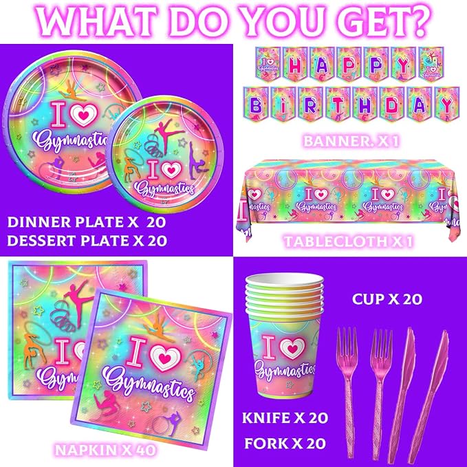 Gymnastics Party Decorations,142pcs Gymnastics Tableware Set I Love Gymnastics Plates Cups Neon Glow Gymnast Table Covers Happy Birthday Banner for Gym Theme Birthday Party Baby Shower