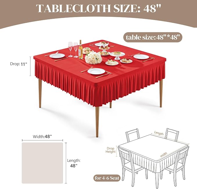 Wish Care Red Spandex Tablecloths for 48x48 Inch Square Tables, Stretch Fitted Table Clothes with Pleated Ruffle Skirt for 48” Table, Wrinkle Free and Elastic, for Party Kitchen Home Dining