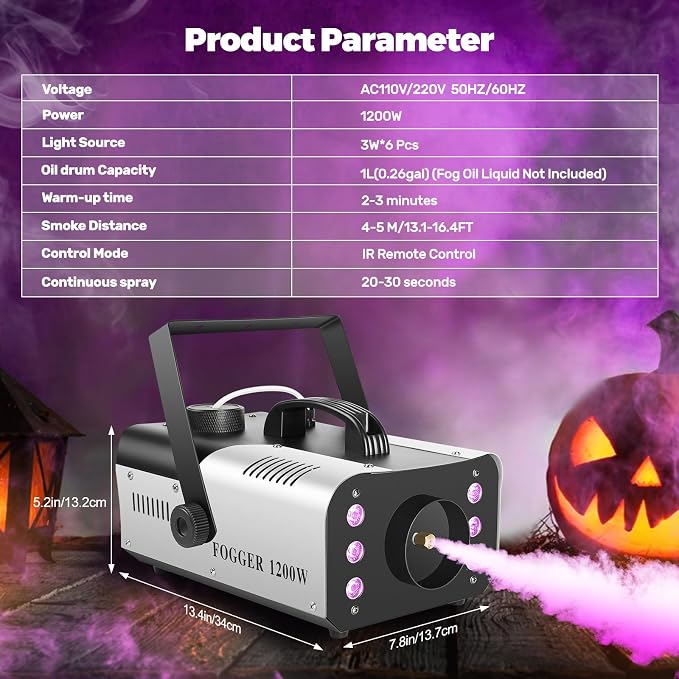 1200W Fog Machine, Halloween Smoke Machine with 14 Colors Lights & Wireless Remote Control, 6000CFM Haze Machine for Wedding, Party, Stage, Indoor, Outdoor.