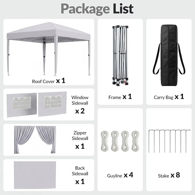 10x10 Pop Up Canopy with Sidewalls, Instant Tent with Carry Bag, Height Adjustable Waterproof Shade Canopy, for Event, Parties, Camping (White, 10x10 with Sidewalls)