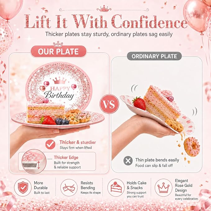 212Pcs Pink Birthday Party Supplies Set, Disposable Plates Napkins Cups Cutlery Tableware Kit with Balloons Banner Tablecloth, Serve 24 Guests for Girls Women Baby Shower Decorations