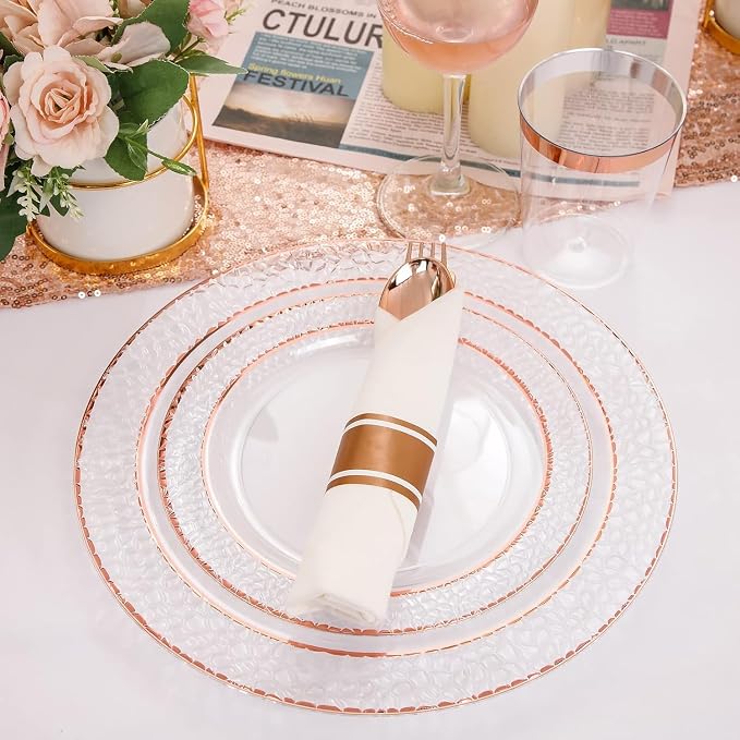 Liacere 350PCS Rose Gold Plastic Plates-Clear Rose Disposable Plates 50 Guests include 50 Dinner Plates,50 Salad Plates,50 Forks,50 Knives,50 Spoons,50 Cups,50 Napkins for Wedding & Party