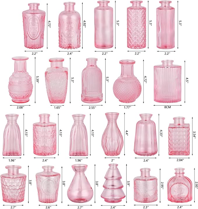 RUCKAE 22 Pack Pink Glass Bud Vases,Vintage Small Flower Vases for Centerpieces,Assorted Mini Glass Vases for Flowers,Table Decor,Wedding,Home,Living Room,Bedroom,Office,Party,Gifts(Pink 22 Pack)