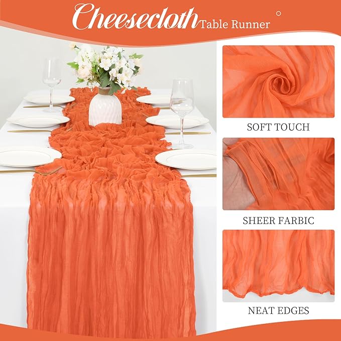 12 Pack 10Ft Orange Cheesecloth Table Runner 35 x 120 inch Boho Gauze Cheese Cloth Table Runner Vintage Rustic Sheer Runners for Wedding Bridal Shower Birthday Party Cake Table Decorations