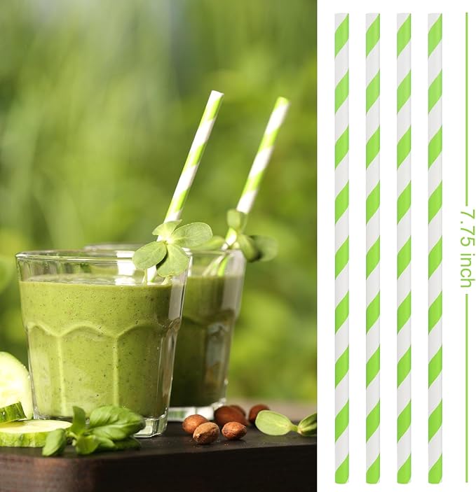 ALINK 100 Light Green and White Striped Paper Straws, Biodegradable Disposable Drinking Straws for Smoothie, Brithday, New Year, Party Decoration Supplies