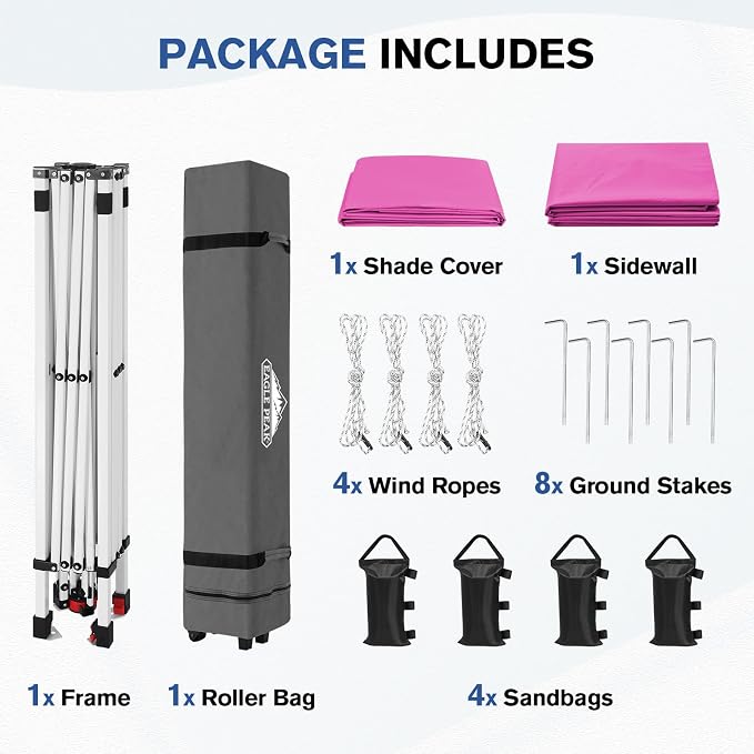 EAGLE PEAK Commercial Canopy 10x10 Pop Up Canopy Tent with 1 Sidewall, Easy Setup Heavy Duty Instant Event Shelter for Vendors & Markets, Outdoor Sun Shade, Pink
