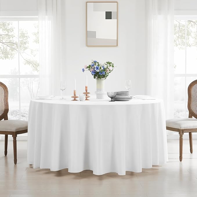 Round Tablecloth 120 Inch 1Pack White Tablecloths Washable Decorative Linen Polyester Table Clothes Cover for Dining Table Banquets Buffet Parties and Wedding