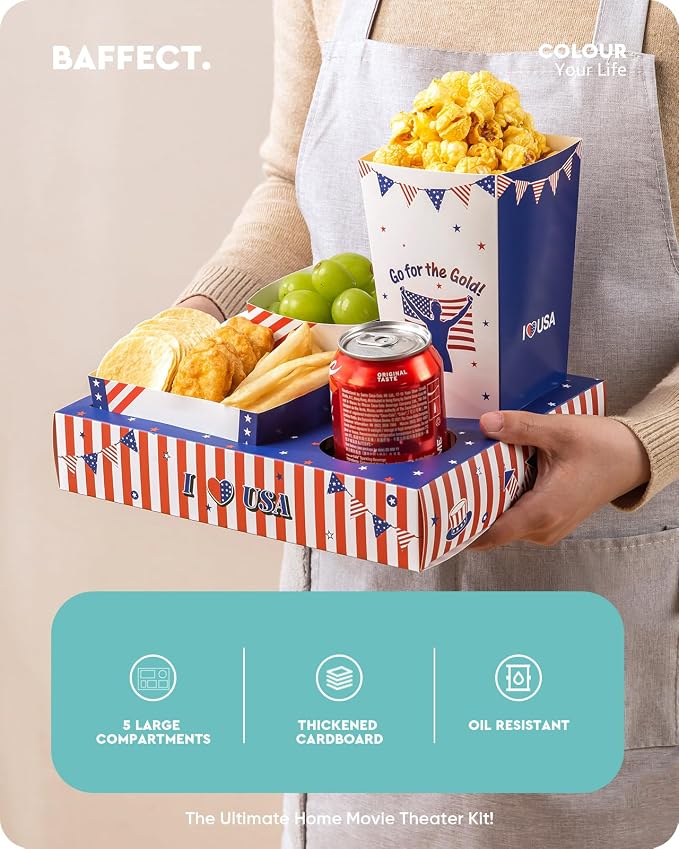 Baffect Patriotic Movie Night Snack Trays 100pcs Include 20 Red White Blue Snack Trays, 20 Popcorn Boxes, 20 Salad Bowls, 20 Nacho Bowls, 20 Party Invitations, 4th Of July Movie Night Supplies