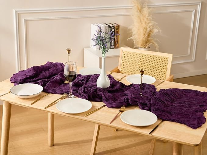3 Pack Royal Purple Spring Table Runner Boho Cheesecloth Table Runners Bulk 10 ft Gauze Sheer Mother's Day Table Centerpieces for Wedding Ceremony Anniversary Bridal Baby Shower Banquet
