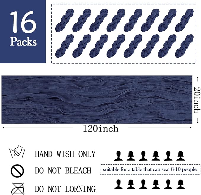 16 Pack Navy Blue Cheesecloth Table Runner 20 x 120 inch Gauze Table Runners 10 FT Long,Semi Sheer Boho Cheese Cloth Fabric Table Runner Bulk for Wedding,Party,Baby Shower,Bridal Shower Decoration
