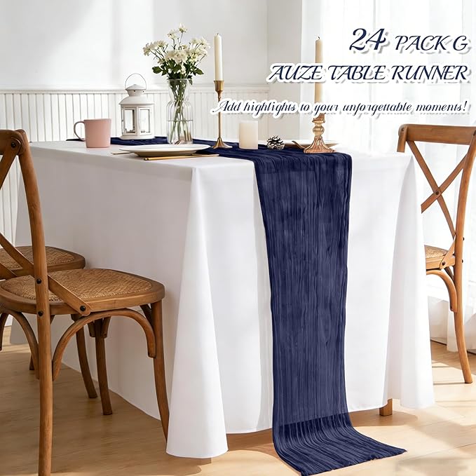 Pesonlook 24 Pack Cheesecloth Table Runner,Navy Blue Table Runner Long Romantic Semi Sheer Rustic Boho Gauze Table Runners for Wedding Bridal Shower Birthday Party Decorations(17.7×108 Inch)