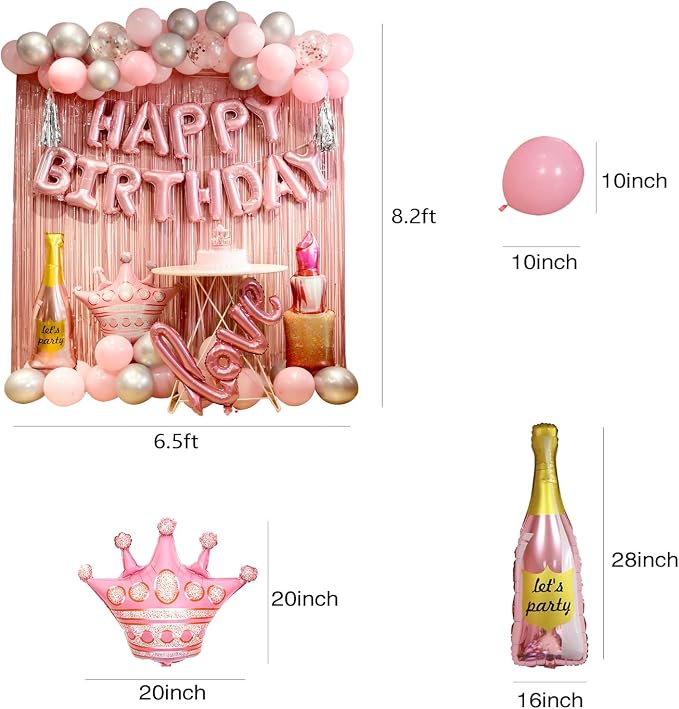 pink birthday decorations for women ，happy birthday party decorations for girls，pink Fringe Curtain，happy birthday banner，happy birthday balloons，happy birthday balloon letters
