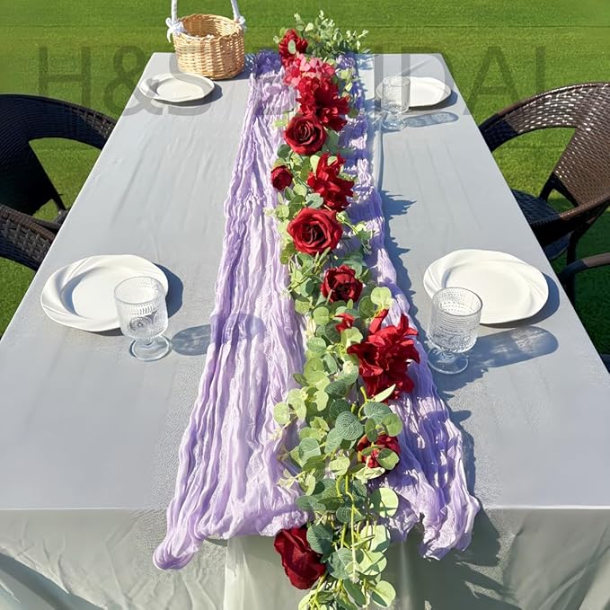 Artificial Flower Garland，6.5Ft Fake Dahlia Rose Floral Eucalyptus Greenery Garland Vine for Wedding Arch，Table Runner Centerpieces Backdrop Room Wall Hanging Plant Decor（Burgundy）