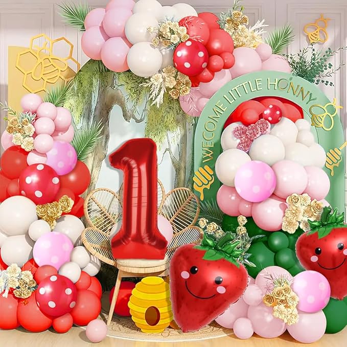 Strawberry Party Decoration Balloon Garland Arch Kit, 143Pcs Red Pink Balloons Strawberry Foil Balloons for Sweet One Boy Girl Berry First Themed Birthday Party Supplies & Baby Shower Decoration