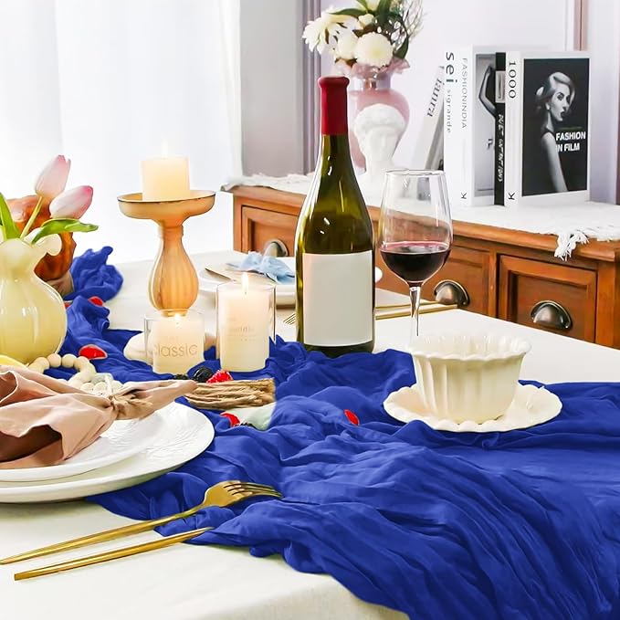 Pesonlook 12 Pack Royal Blue Cheesecloth Boho Table Runner, 10FT Long Semi-Sheer, 21.5' W x 120' L, Polyester, Solid, Wedding & Party Decorations
