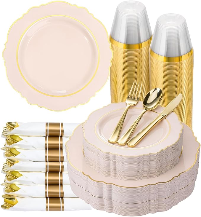 realluck 350 Piece Pink Plastic Dinnerware Set for 50 Guests Elegant Disposable Dinnerware for Weddings, Parties, 100 Plastic Plates, 50 Pre Rolled Napkins with Silverware, 50 Cups