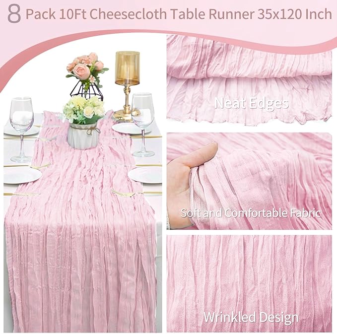 8 Pack Pink Cheesecloth Table Runner 10Ft Gauze Cheese Cloth Table Runner 35x120Inch Romantic Boho Table Runners for Wedding Banquet Event Birthday Party Anniversary Bridal Baby Shower Table Décor