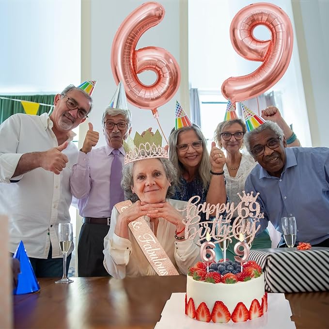 69th Birthday Decorations for Women, Including 69th Birthday Sash and Tiara, Cake Topper and Candles, Number Balloons, 69 Year Old Gifts for Women