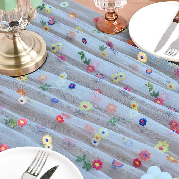 Joanlody Blue Summer Flower Table Runner 10ft Embroidery Daisy Floral Seasonal Tulle Table Runner for Home Garden Tea Party Holiday Birthday Decoration